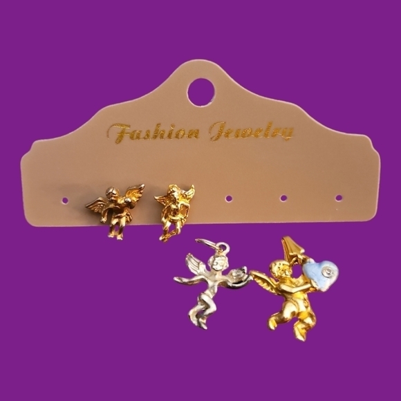 Vintage Jewelry - Vintage 1970s Cherub Cupid Two Single Post Earrings and Two Pendants